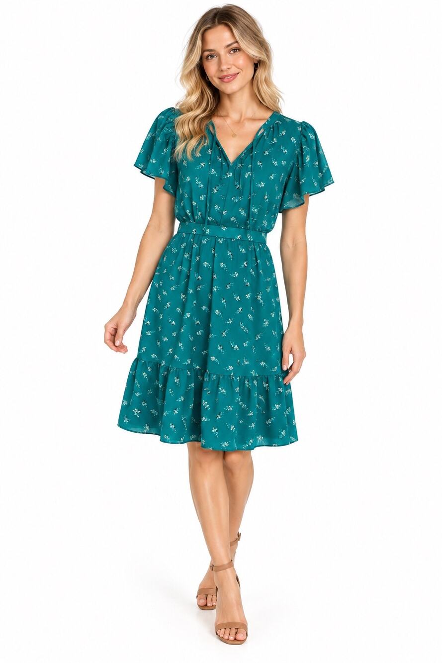 Ann Taylor Teal Ditsy Floral V-Neck Belted Flutter Sleeve Knee Length Dress